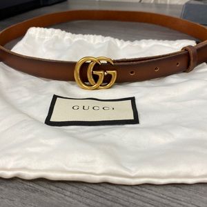 Skinny Brown Leather Belt with Double G Buckle